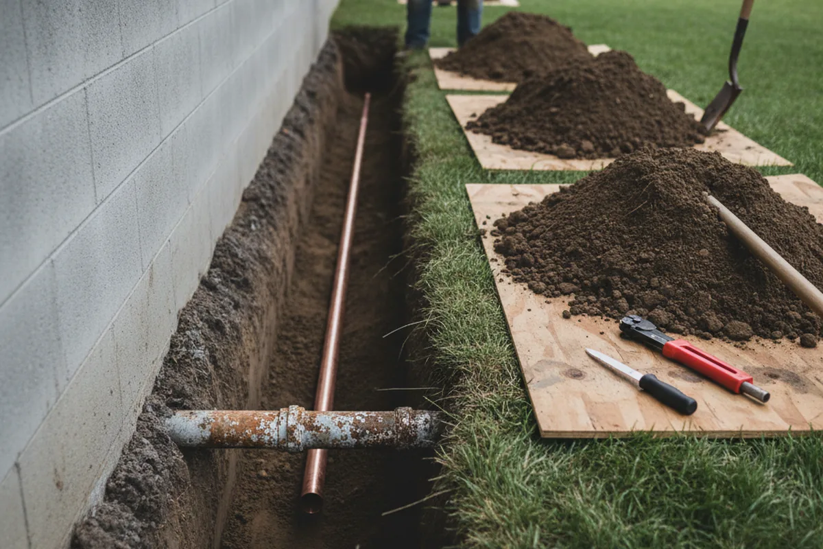 Excavated water line trench during Water Heater Repair in Dickson